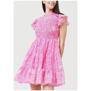 J.Marie Rosie Ruched Dress Smocked Pink Floral Ruffle Cotton Oliphant Style NWT